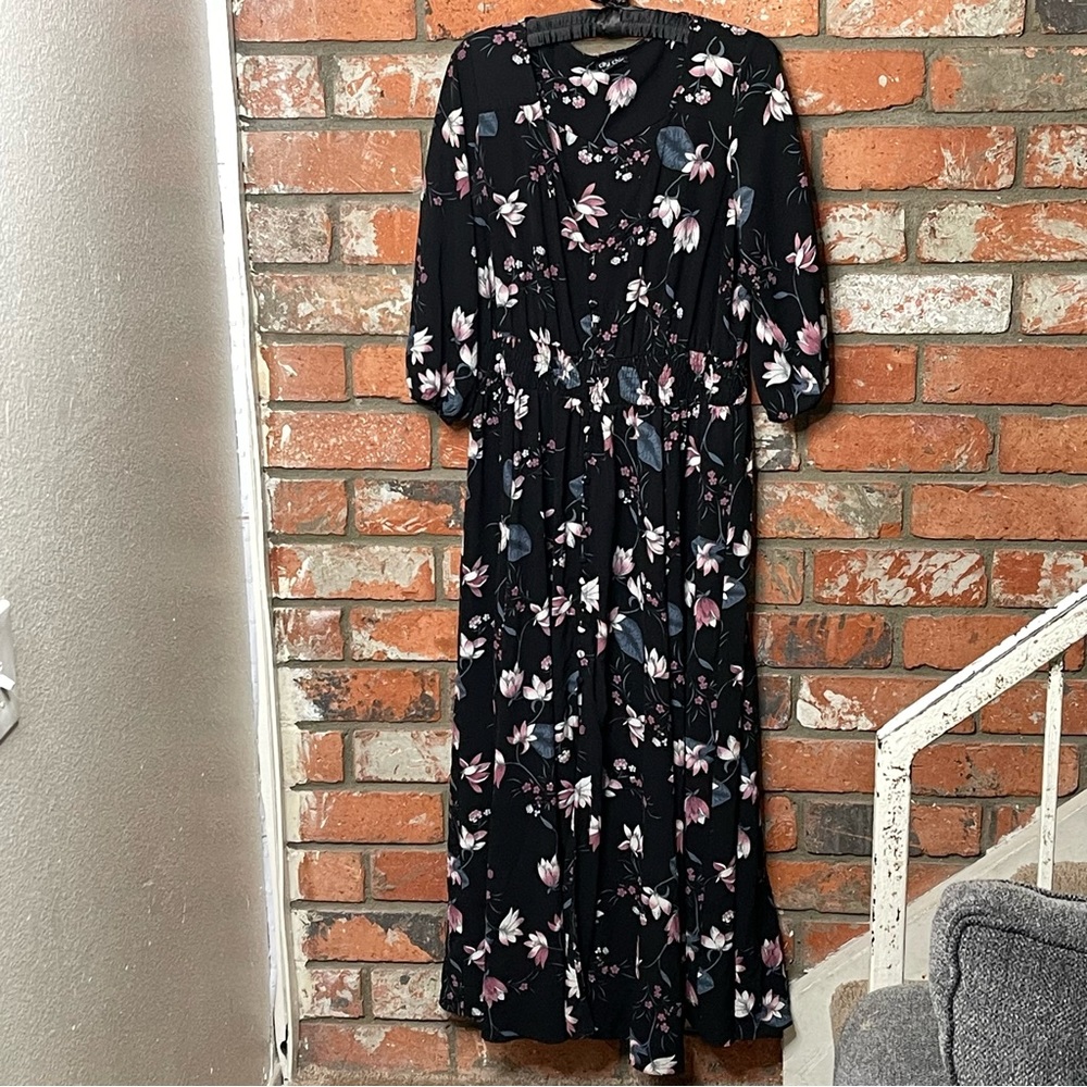 City Chic Black Floral Maxi Dress with Pink and Cream Blooms